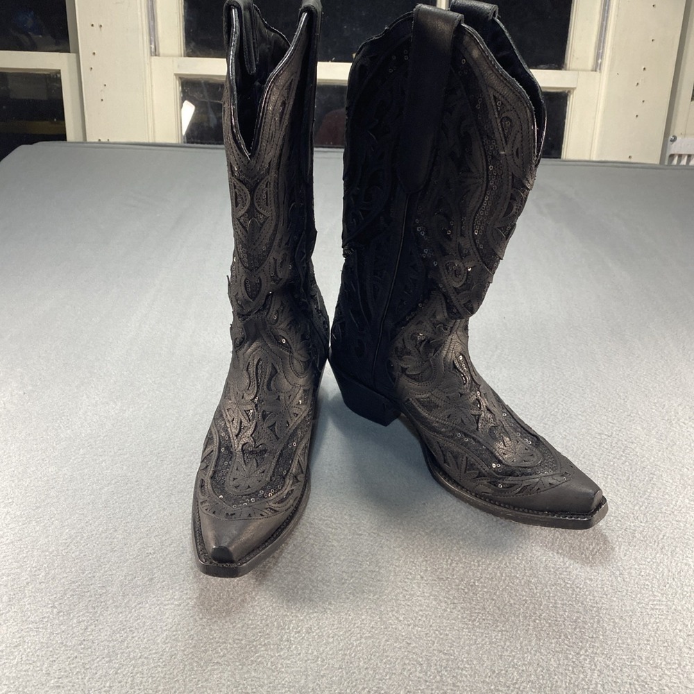 JB Dillon Boots Womens Size 8.5B Black Leather Western Sequin Cowboy‎ Mid Calf